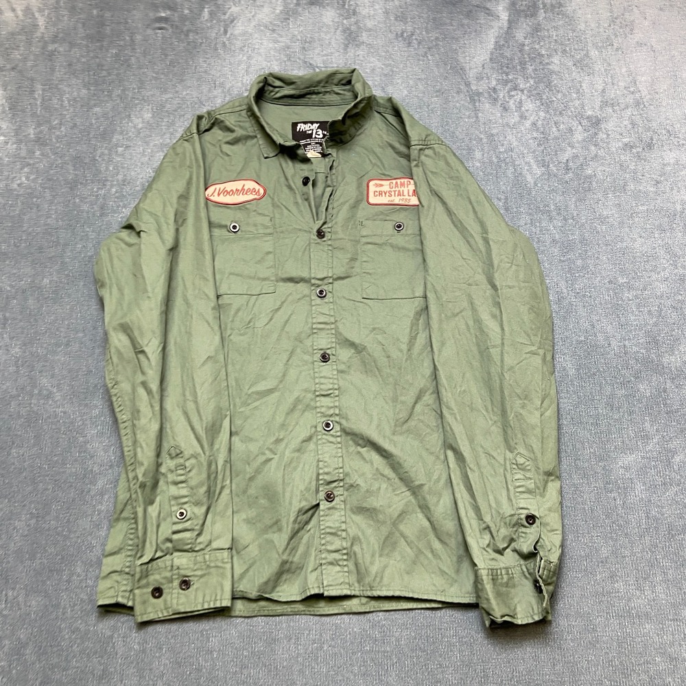 Friday The 13th Camp Crystal Lake Shirt Mens Medium Olive Green Chest Pockets